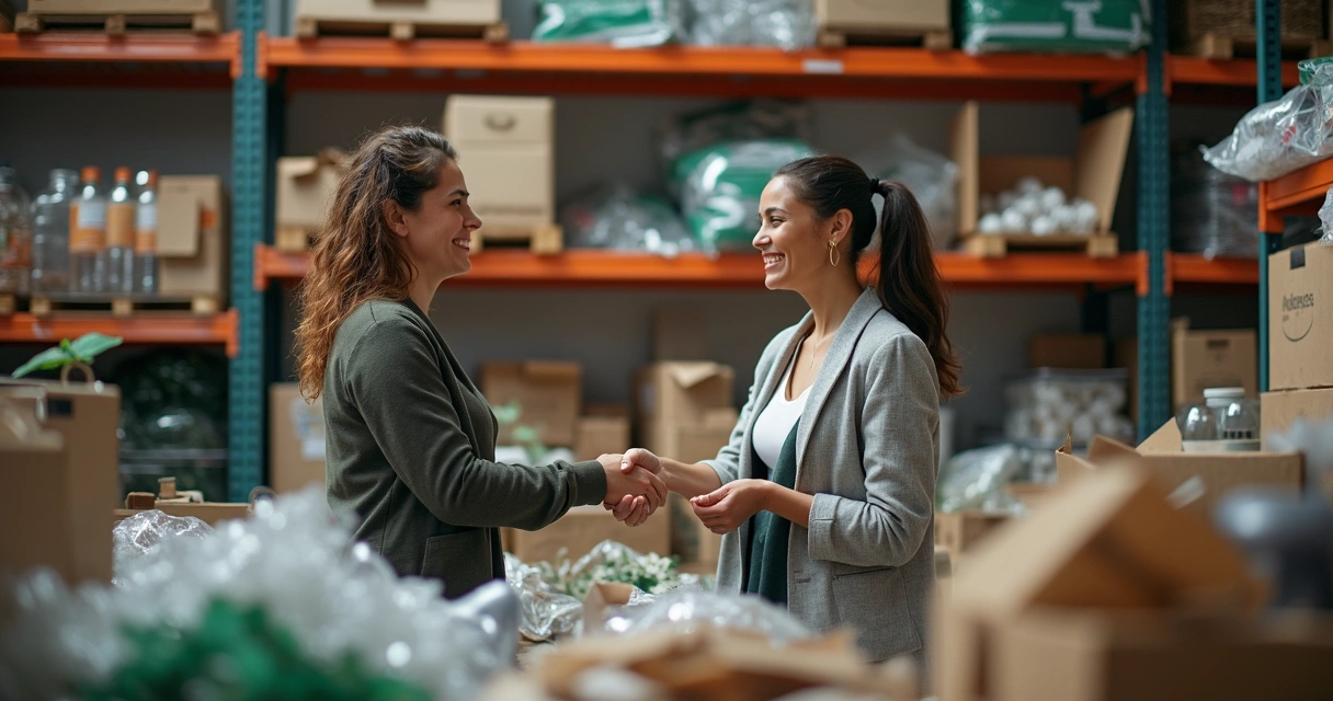 Empresária cumprimentando catador de reciclagem em cooperativa 