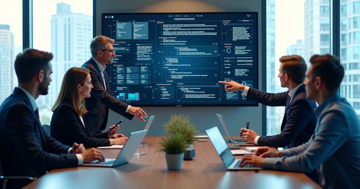 Equipe de tecnologia e executivos analisando projeto de software em tela grande em ambiente corporativo moderno 