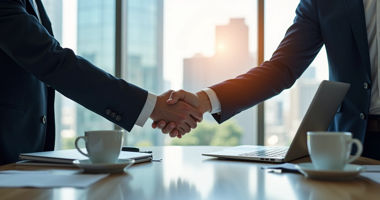 Aperto de mãos entre dois executivos em sala de reuniões moderna 