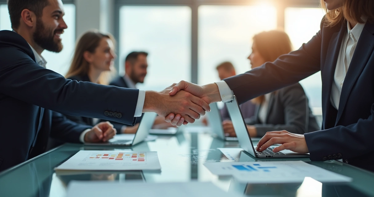 Dois executivos apertando as mãos em sala de reunião moderna 