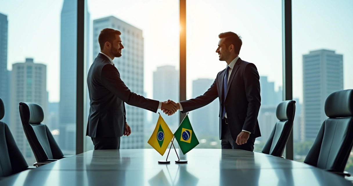 Duas pessoas em terno apertando as mãos com bandeiras do Brasil e outro país ao fundo