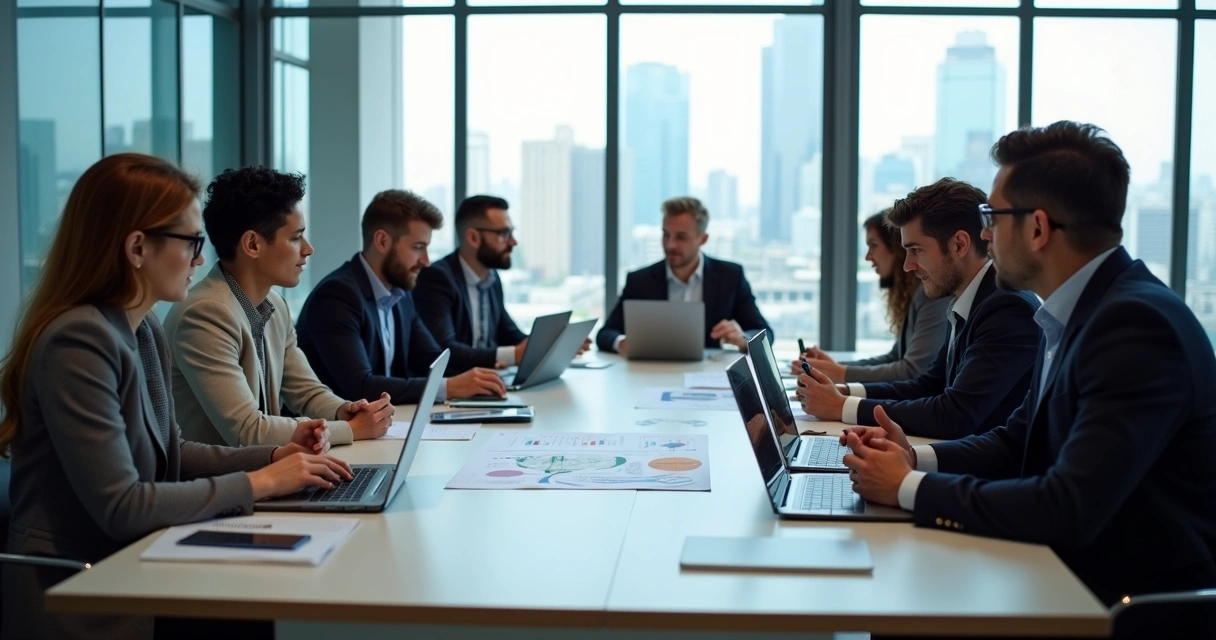 Equipe de negócios diversa reunida em mesa moderna com laptops, discutindo documentos e diagramas de parceria 