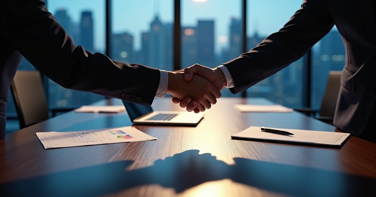 Empresários apertando as mãos com sombra de risco projetada na mesa 