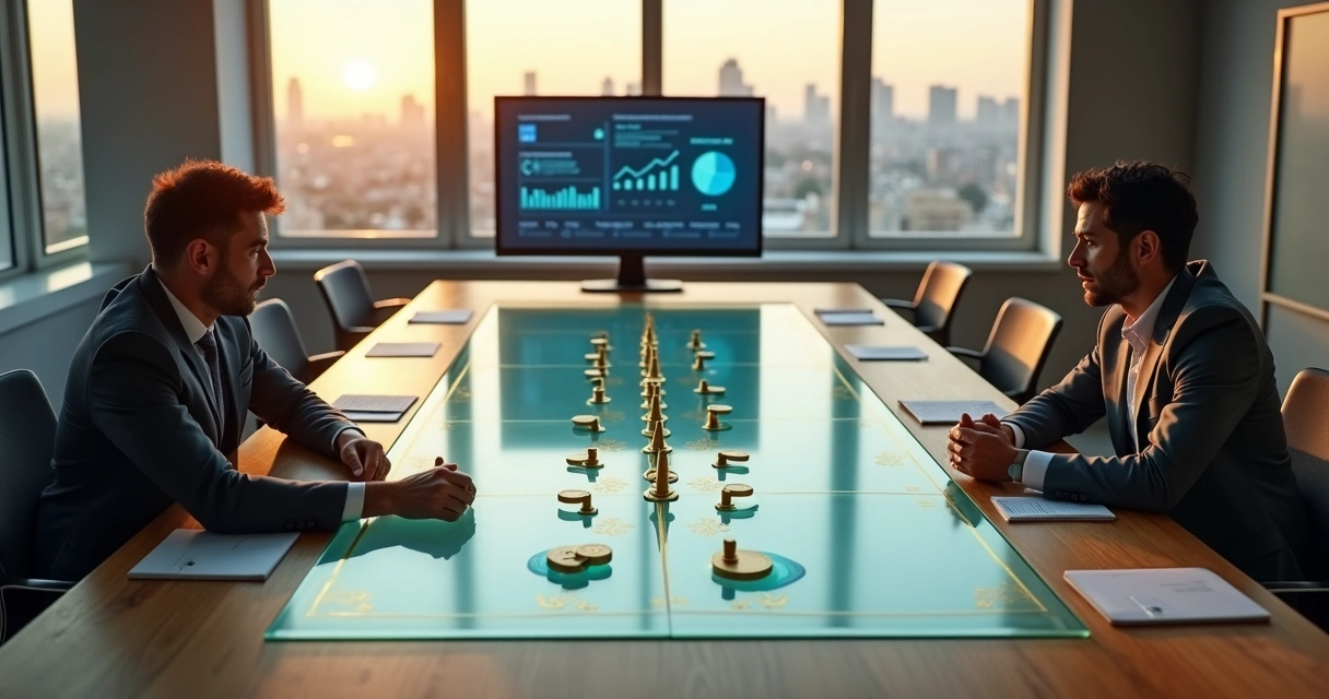 Dois empresários planejando partnership usando tabuleiros estrategicos de negócios 