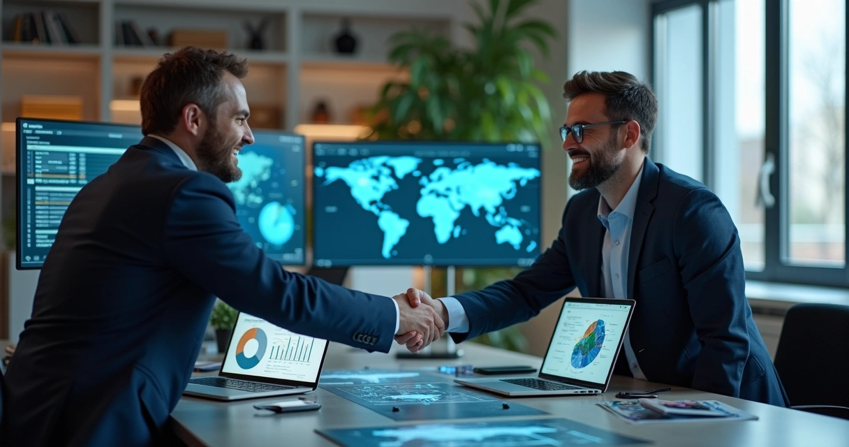 Dois profissionais apertando as mãos em frente a vários monitores de computador