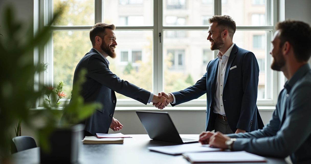 Dois donos de agências digitais fechando parceria com aperto de mão 