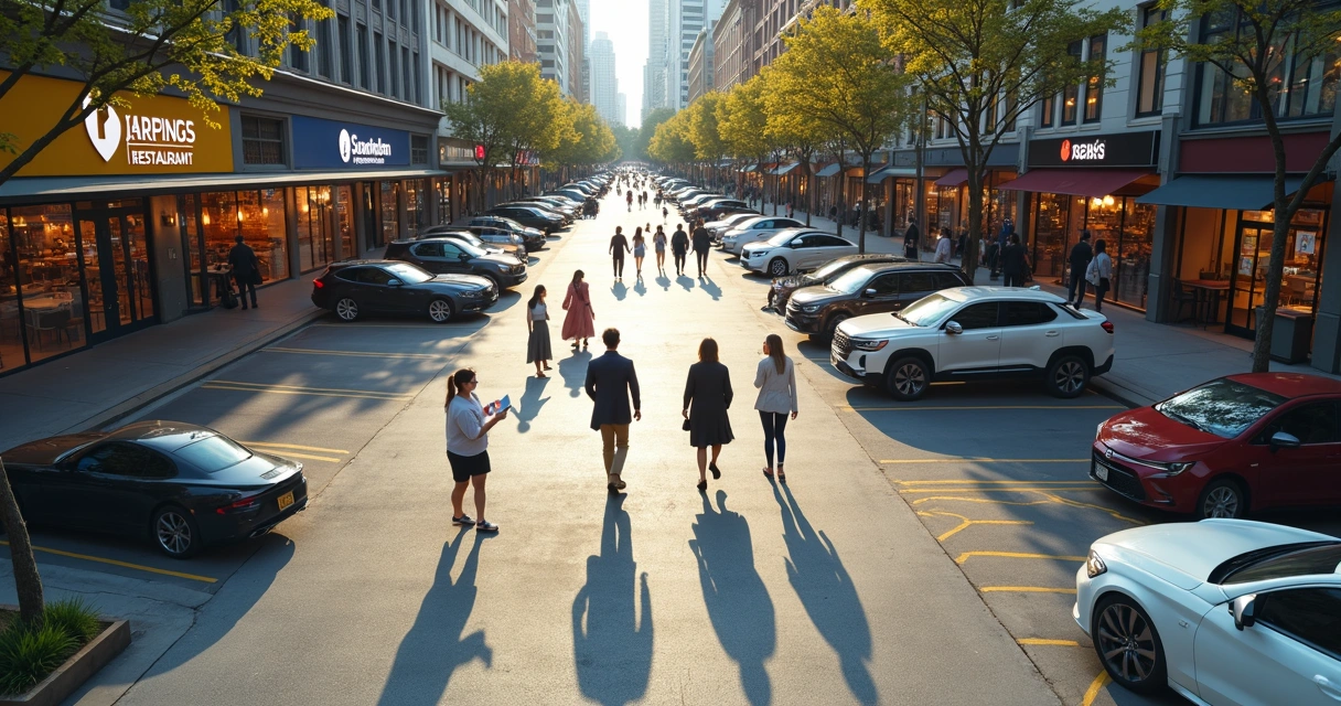 Estacionamento ao lado de restaurante com placa de parceria visível, clientes caminhando entre os negócios 