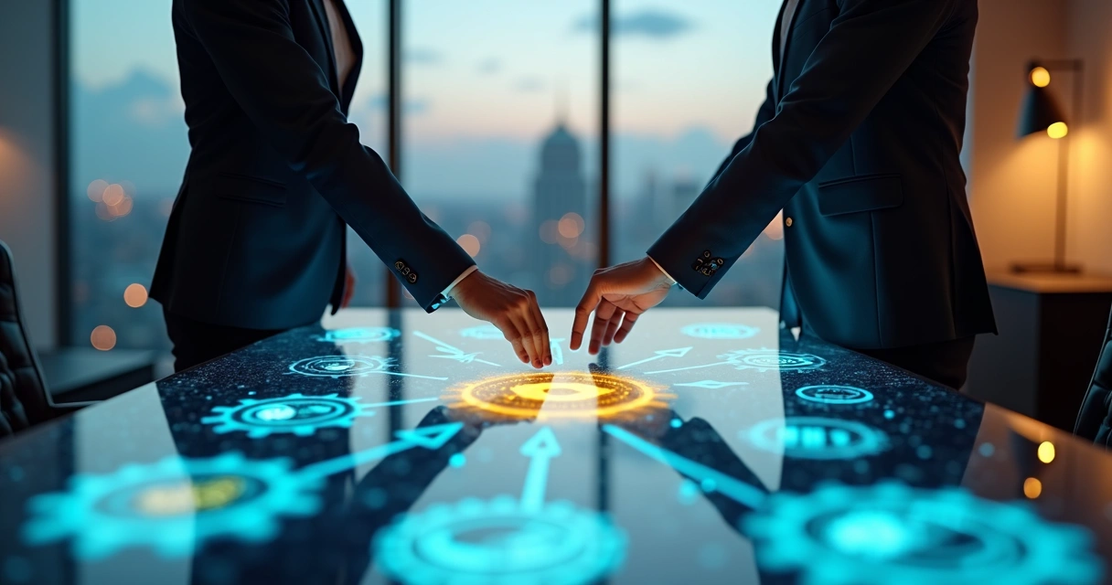 Gestores de agências conectando engrenagens digitais sobre mesa virtual 