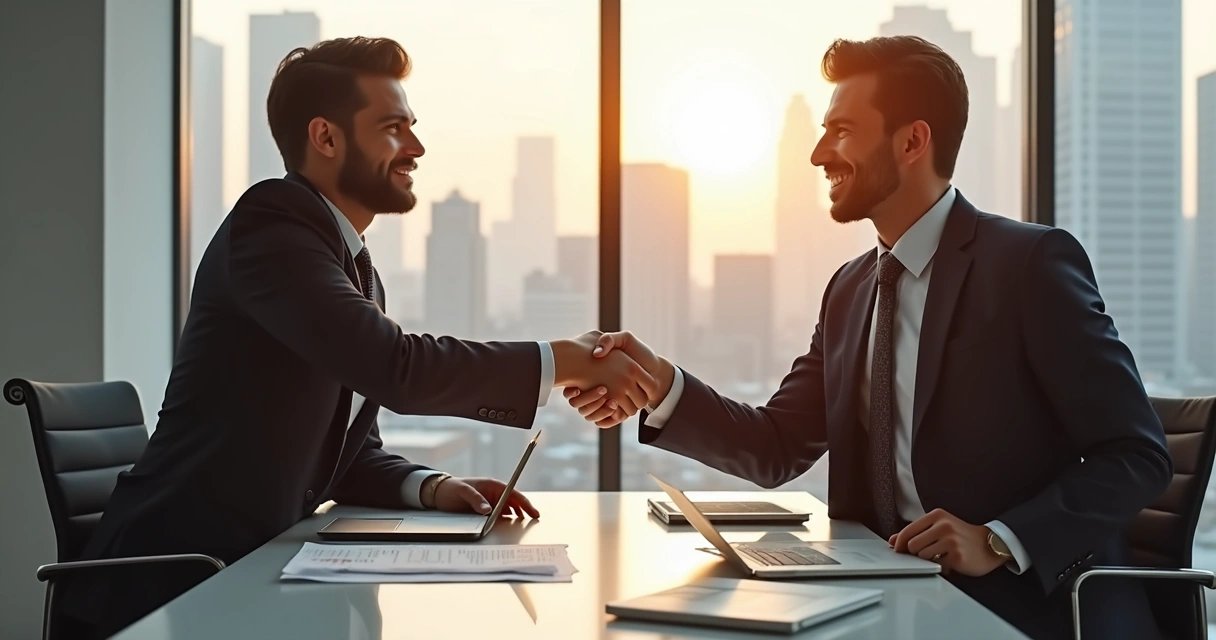 Dois profissionais apertando as mãos em escritório moderno 