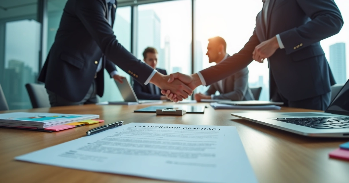 Sócios em reunião apertando as mãos sobre contrato de partnership 