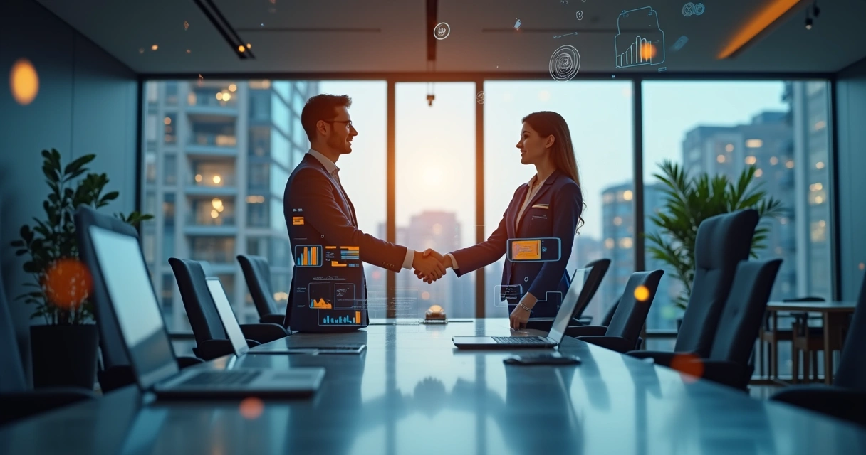 Duas pessoas apertando as mãos em um ambiente de escritório moderno com laptops, gráficos digitais e ícones tecnológicos ao redor 