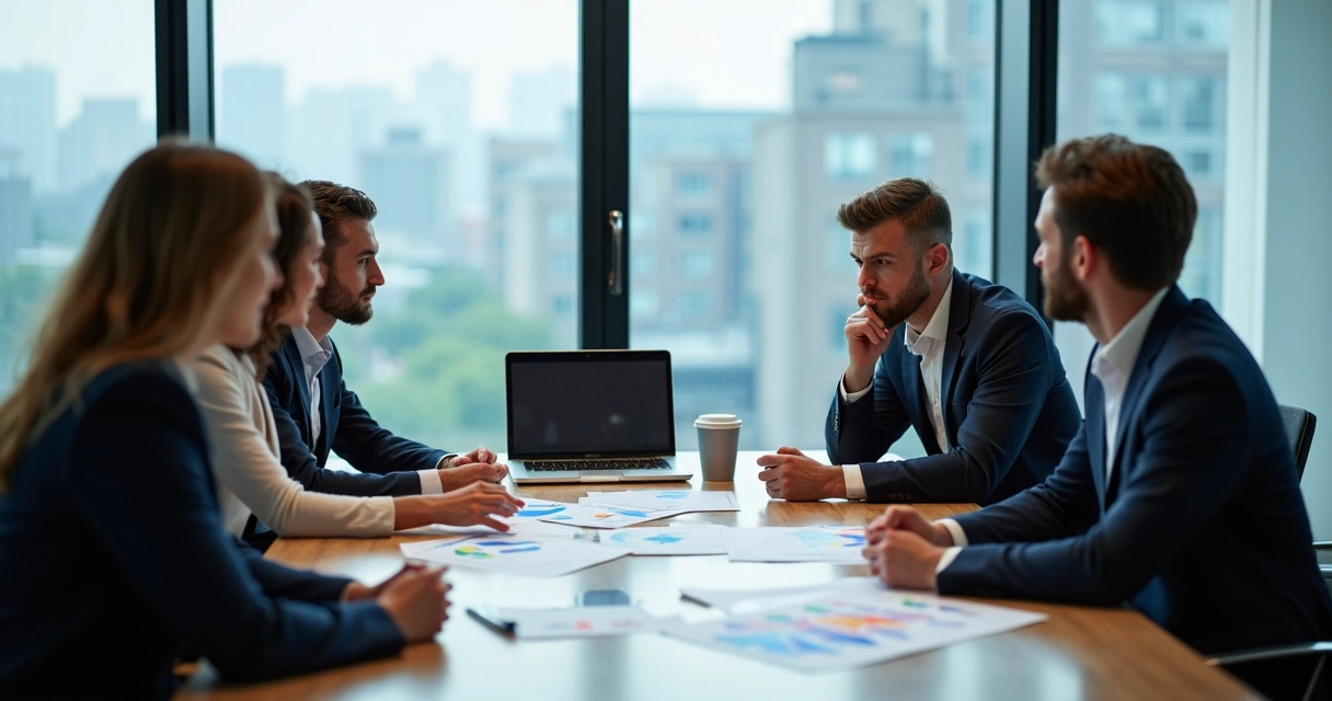 Grupo de empresários sentados à mesa discutindo parceria estratégica, com gráficos e notebook 