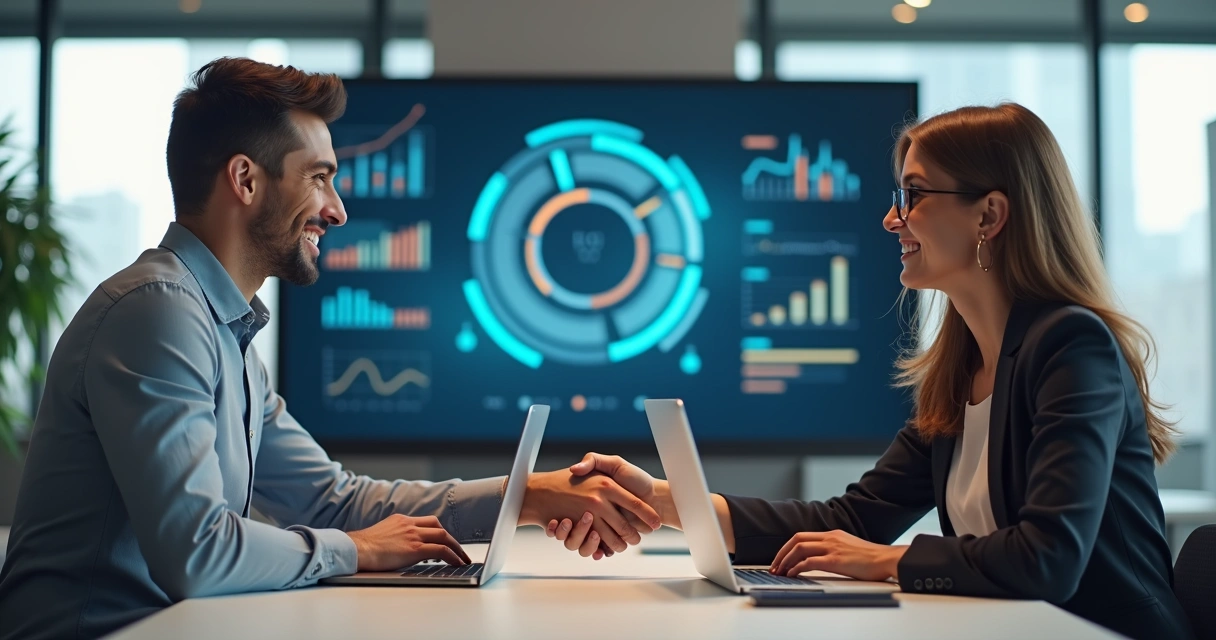 Aperto de mãos entre profissionais de marketing em ambiente moderno