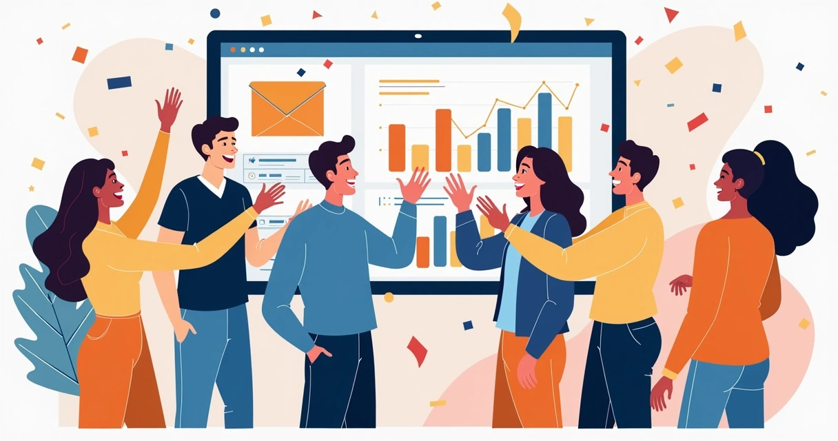 Duas equipes comemorando o sucesso de uma campanha de marketing colaborativa 