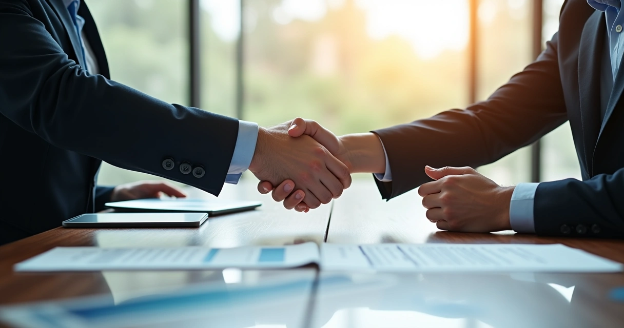 Empresários apertando as mãos em uma mesa de reuniões moderna cheia de documentos de contratos e gráficos financeiros 