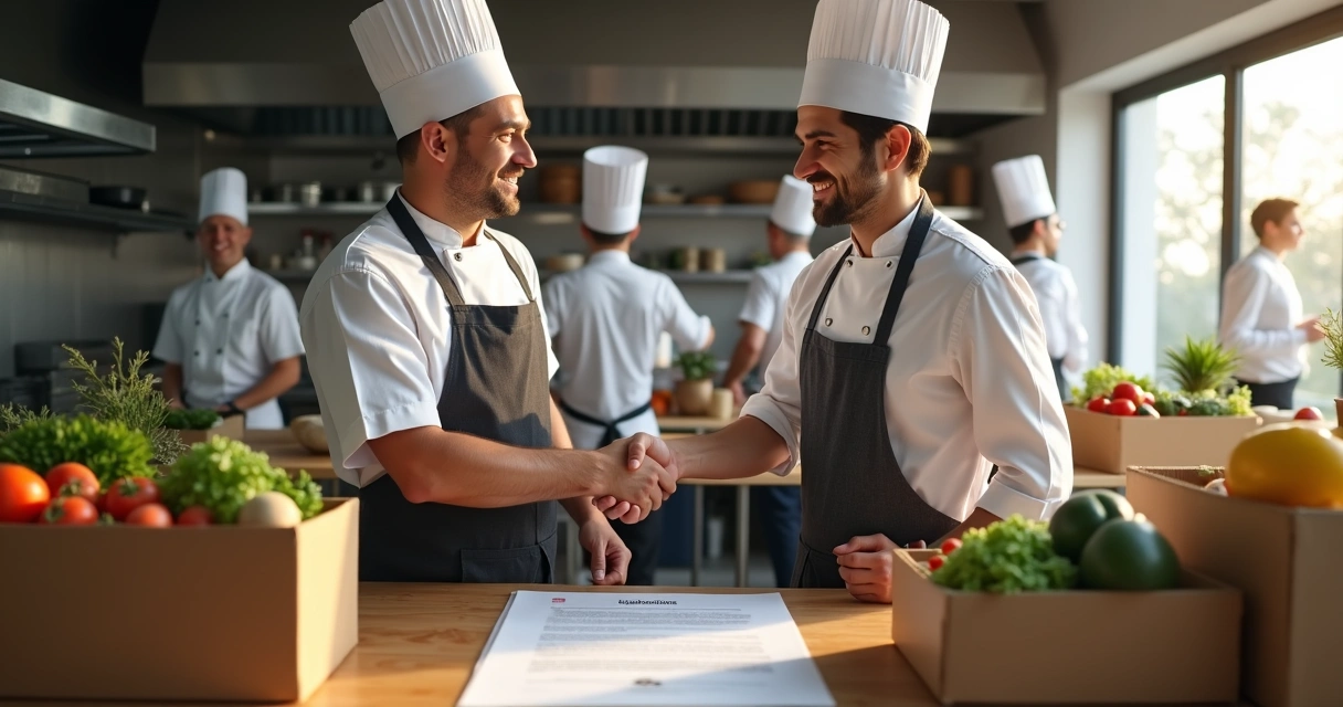 Chef e fornecedor apertando as mãos na cozinha 