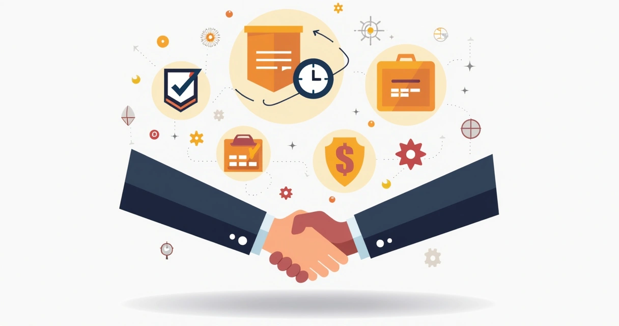 Mãos apertando em acordo entre lojista e fornecedor, símbolos de confiança ao fundo 