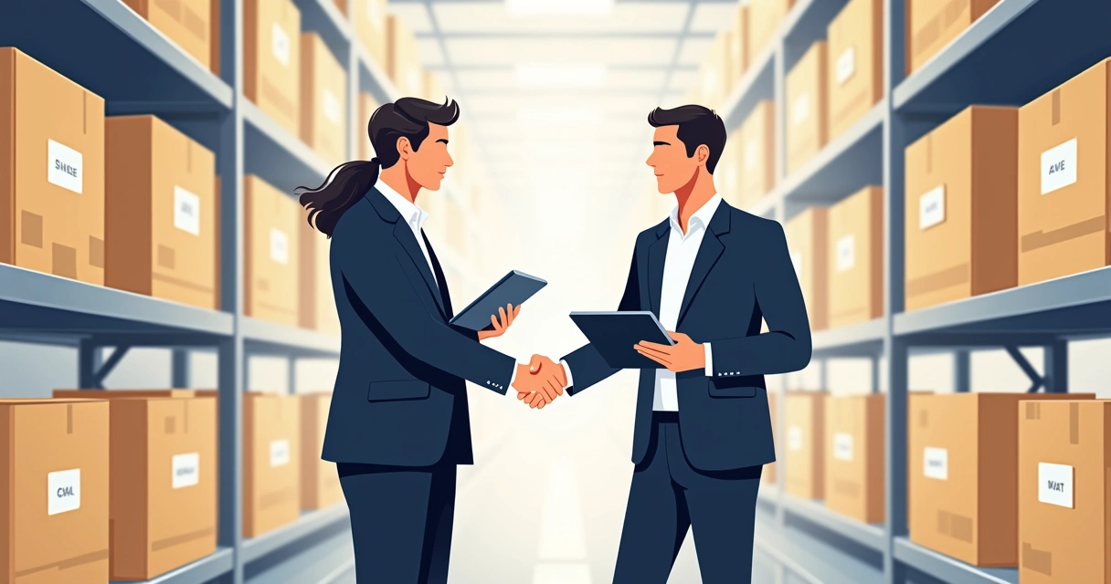 Supplier and retailer shaking hands in warehouse with boxes and shelves 
