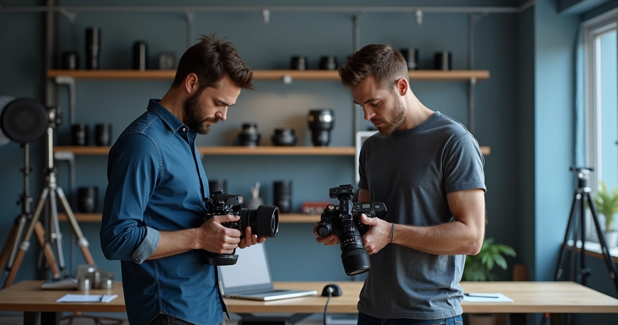 Fotógrafo e videomaker revisando equipamentos juntos em estúdio 