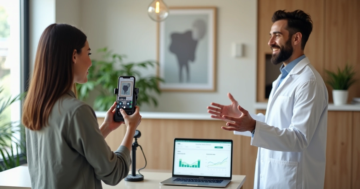 Influenciador grava vídeo com dentista em clínica odontológica moderna 