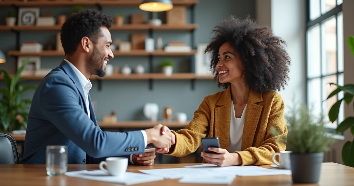 Influenciador apertando a mão de um empreendedor em ambiente moderno