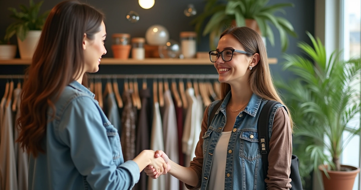 Pequena empresária cumprimentando influenciadora em loja 