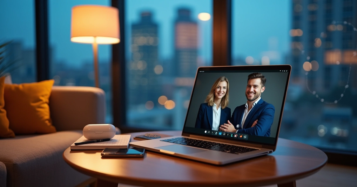 Profissional de BPO financeiro faz videochamada com influenciador em ambiente executivo moderno 