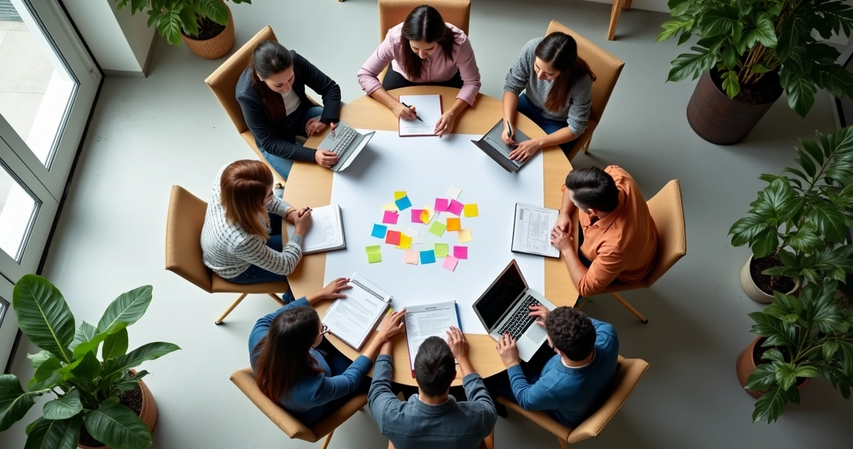 Profissionais de tecnologia e pesquisadores compartilhando ideias usando post-its e notebooks 