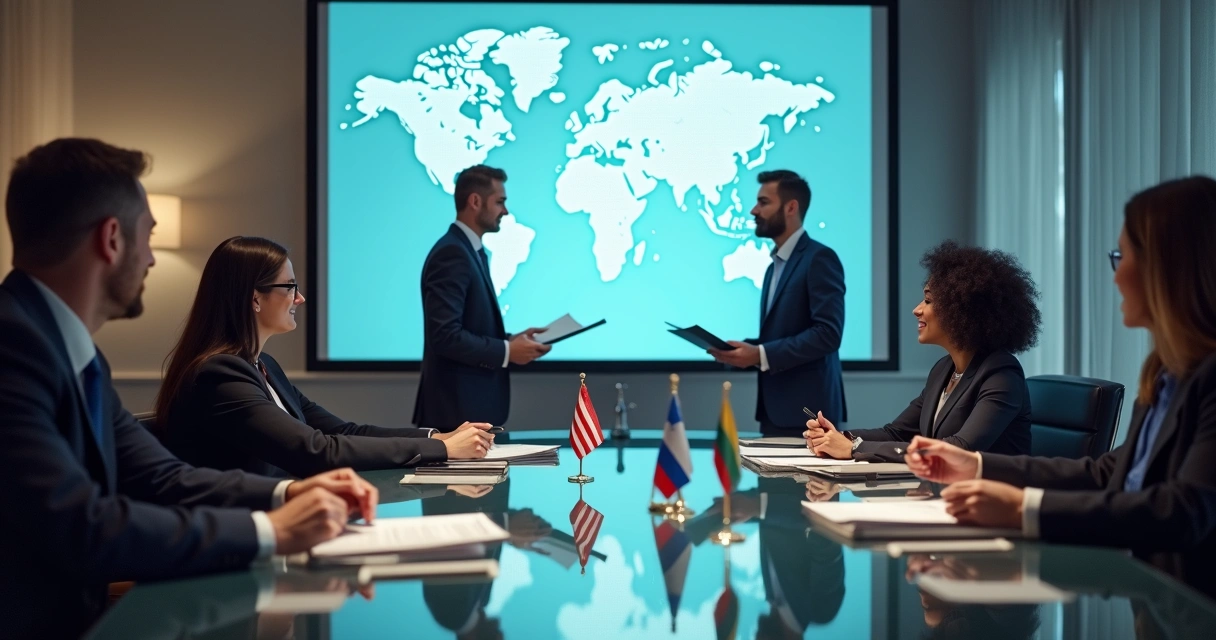 Mesa de negociações com analistas de diferentes países trocando documentos 