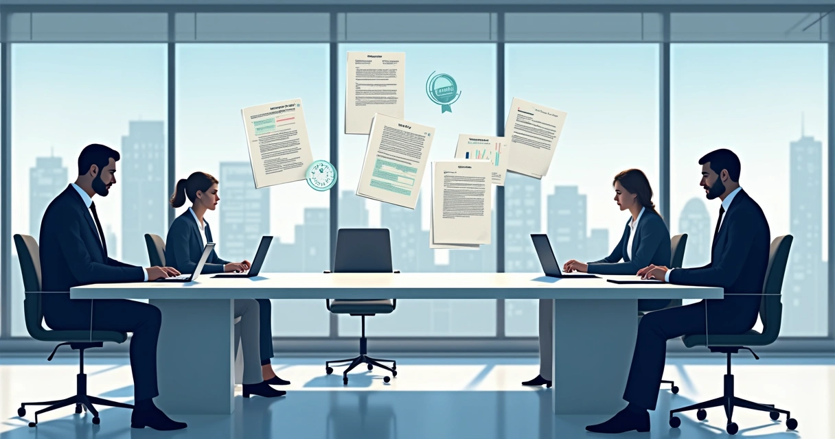 Advogado em reunião virtual com dashboards e documentos digitais na tela 