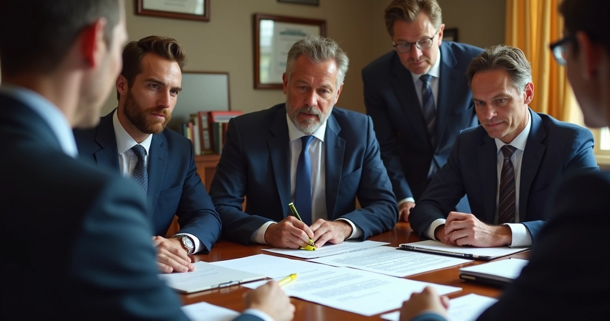 Equipe jurídica analisando edital de licitação junto a empresário