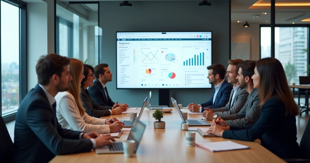 Reunião executiva de equipe com tela do Notion Enterprise aberta, mostrando dashboards corporativos 