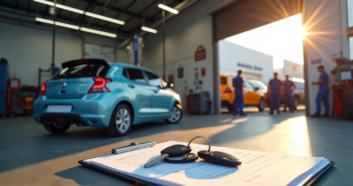 Veículo reserva de locadora disponível em frente à oficina
