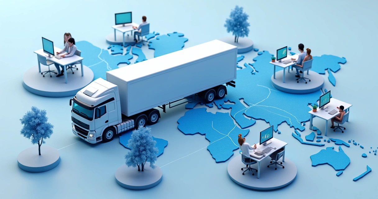 Canais de venda para empresas de logística e supply chain Representação visual de parceiros logísticos conectados por canais digitais, incluindo transportadoras, consultorias e sistemas WMS