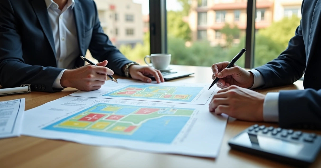 Reunião de duas pessoas analisando contrato de parceria e planta de loteamento 