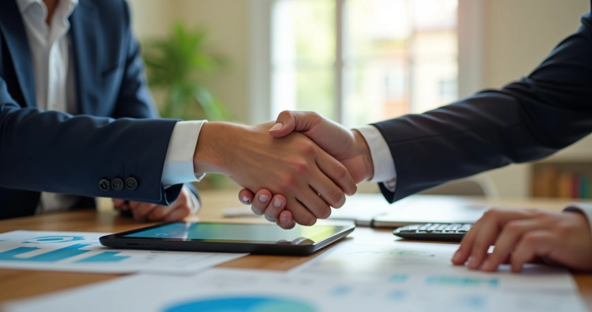 Cliente e empresa apertando as mãos em ambiente digital 