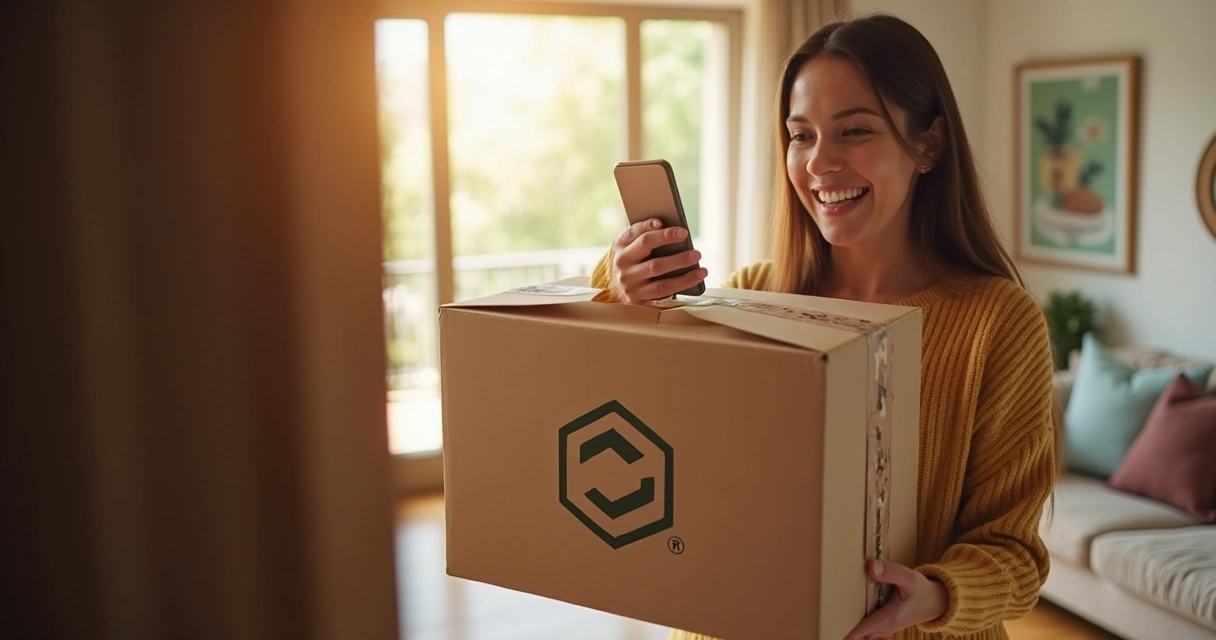 Cliente recebendo caixa de produto enviado por marca parceria 