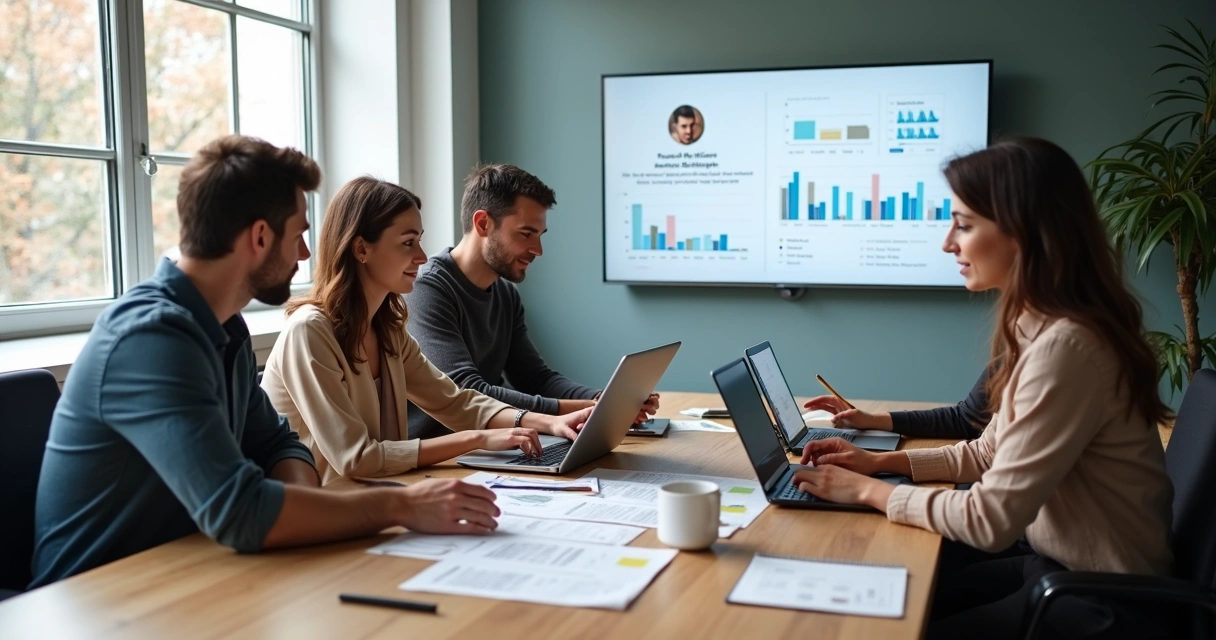Time de marketing de uma marca analisando perfis de influenciadores lado a lado 