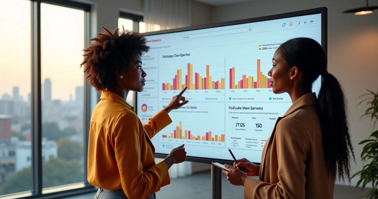 Duas mulheres em ambiente de trabalho discutindo gráficos de campanhas digitais