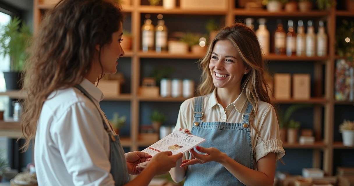 Duas empresárias sorrindo e trocando panfletos promocionais em estabelecimento, ambiente aconchegante com produtos à mostra 