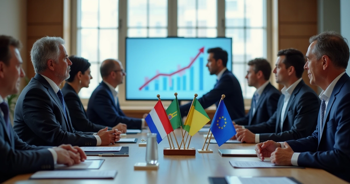 Representantes de negócios do Mercosul e da União Europeia apertando as mãos em uma sala de reuniões 