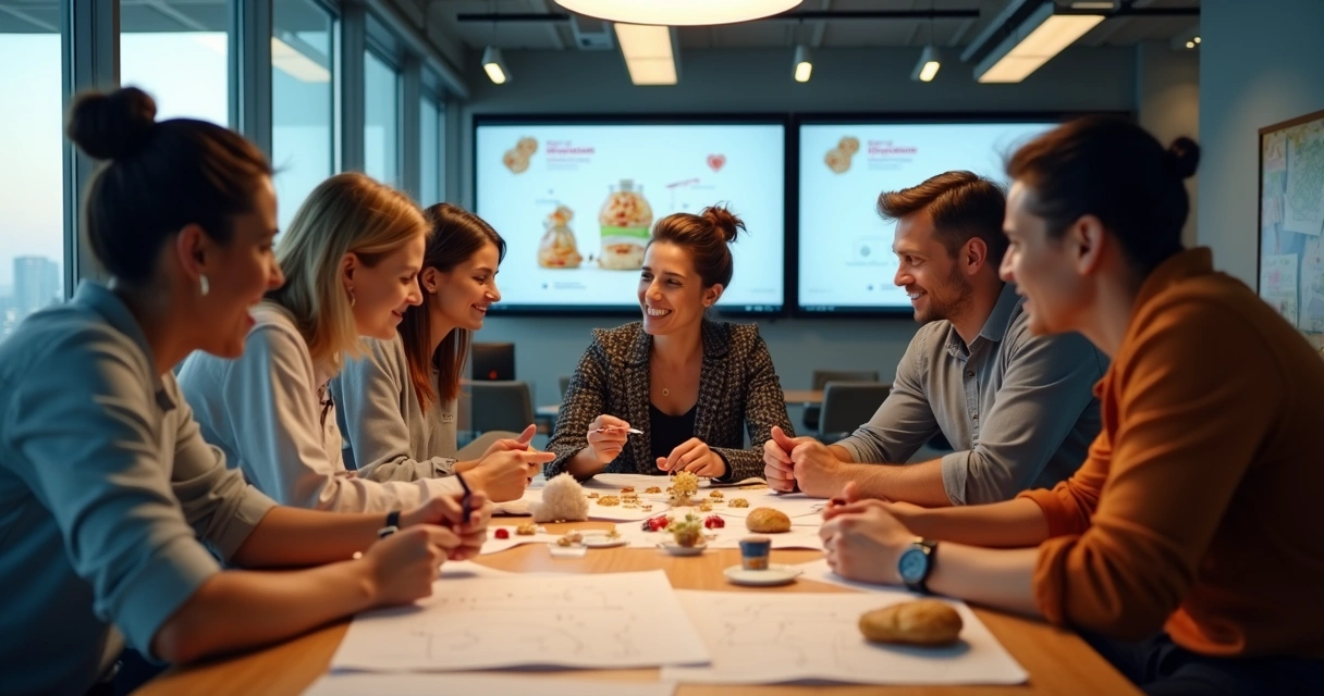 Equipe discutindo parceria de lançamento de produto inovador 