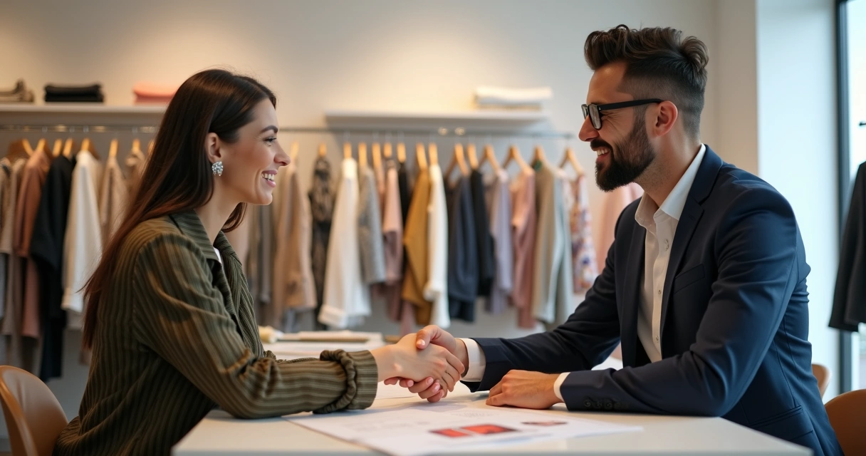 Lojista de moda e fornecedor apertando as mãos em ambiente de showroom de roupas.