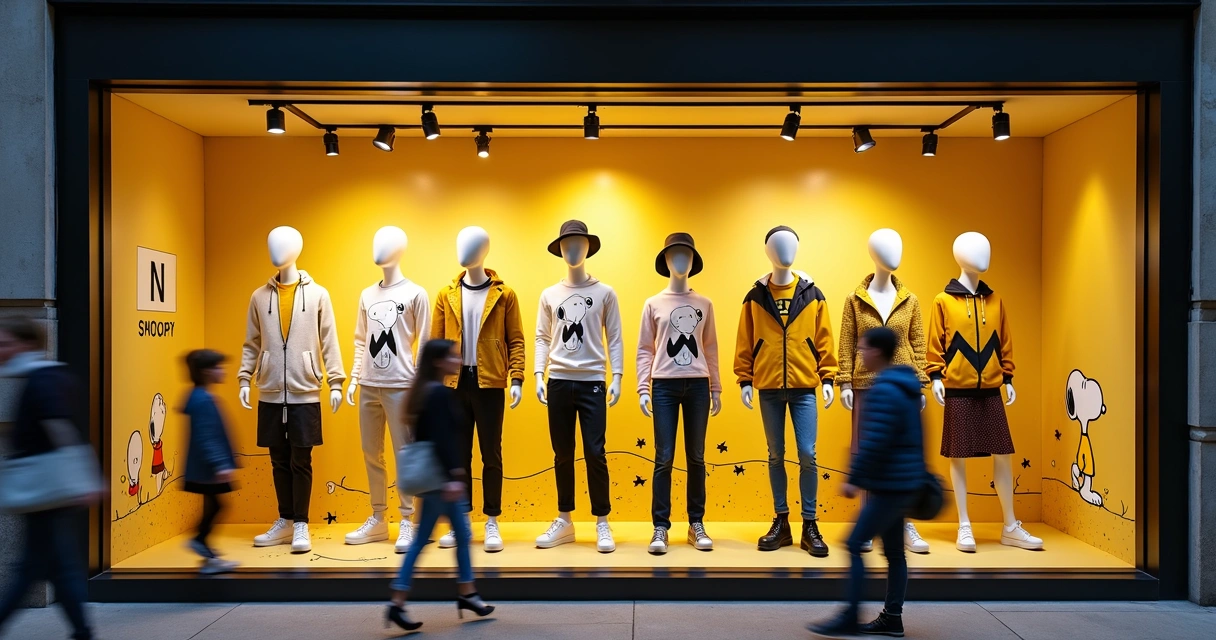 Linha de roupas temáticas Snoopy em vitrine de loja