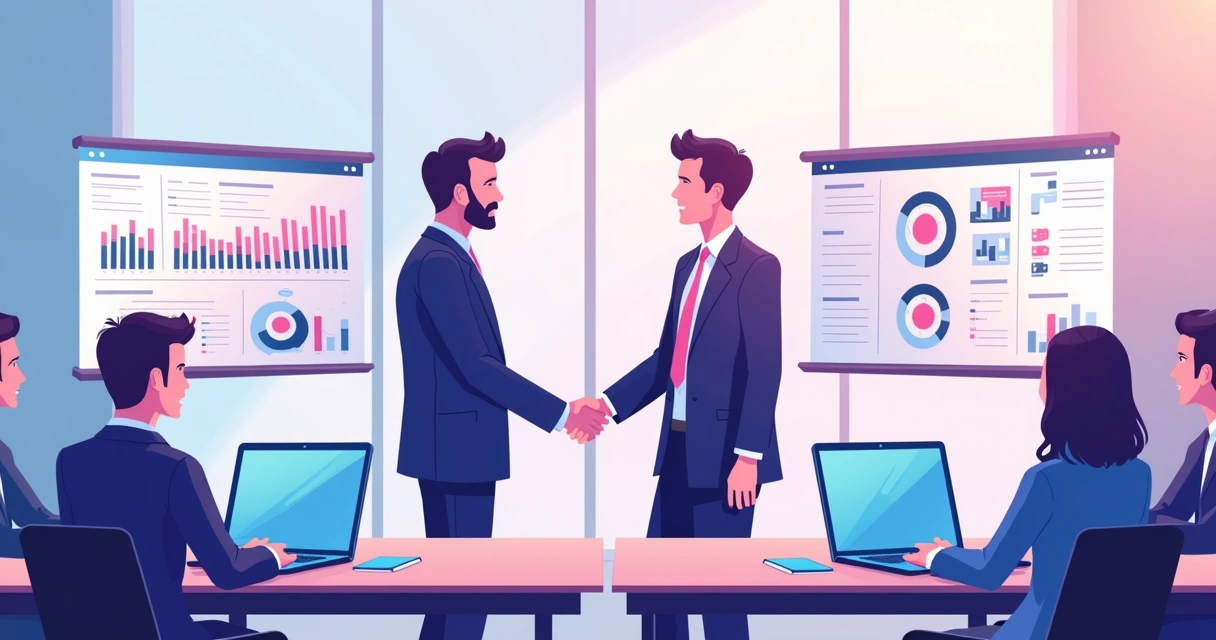 Duas pessoas de negócios cumprimentando um parceiro em uma sala de reunião, com gráficos e computadores ao fundo 