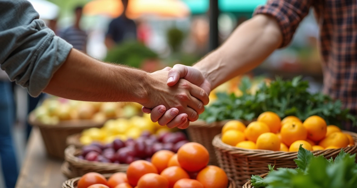 Aperto de mãos em feira livre com alimentos frescos expostos 