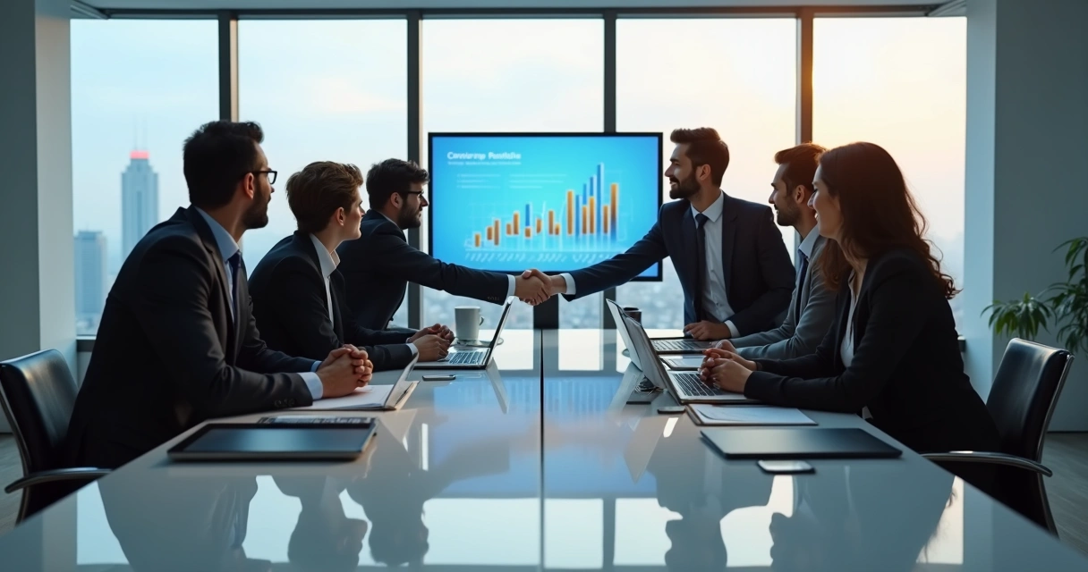 Duas equipes de negócios cumprimentando-se em ambiente de escritório moderno 