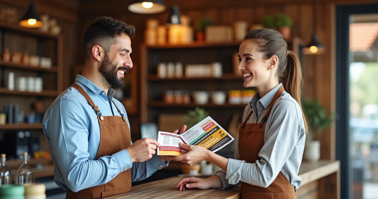 Dois lojistas trocando cupons de desconto em balcão de loja local