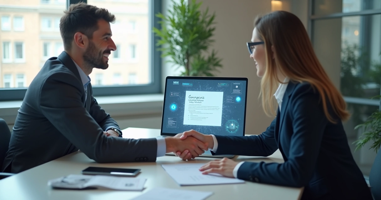 Empresários apertando as mãos após assinatura digital em contrato online