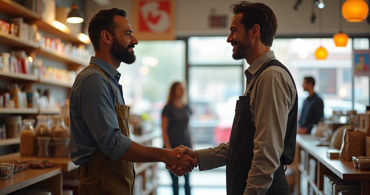 Dois pequenos comerciantes apertando as mãos em uma loja local 